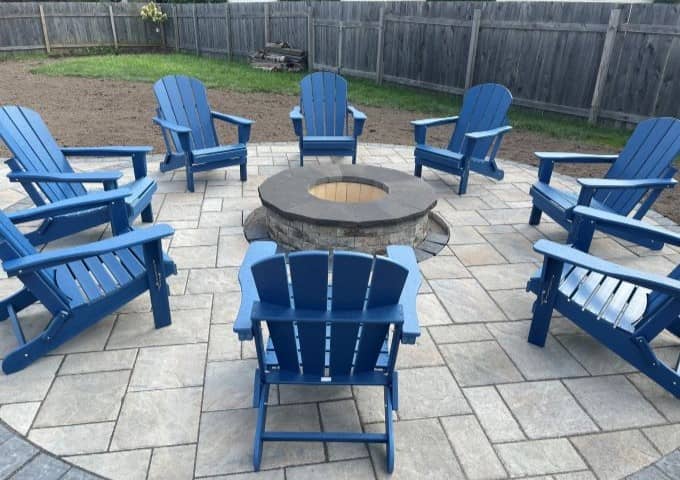 patio with stone fireplace